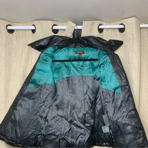 Danier Black Leather Puffer Jacket Sz XXS High Neck Bomber Quilted Winter Coat - Picture 11 of 16